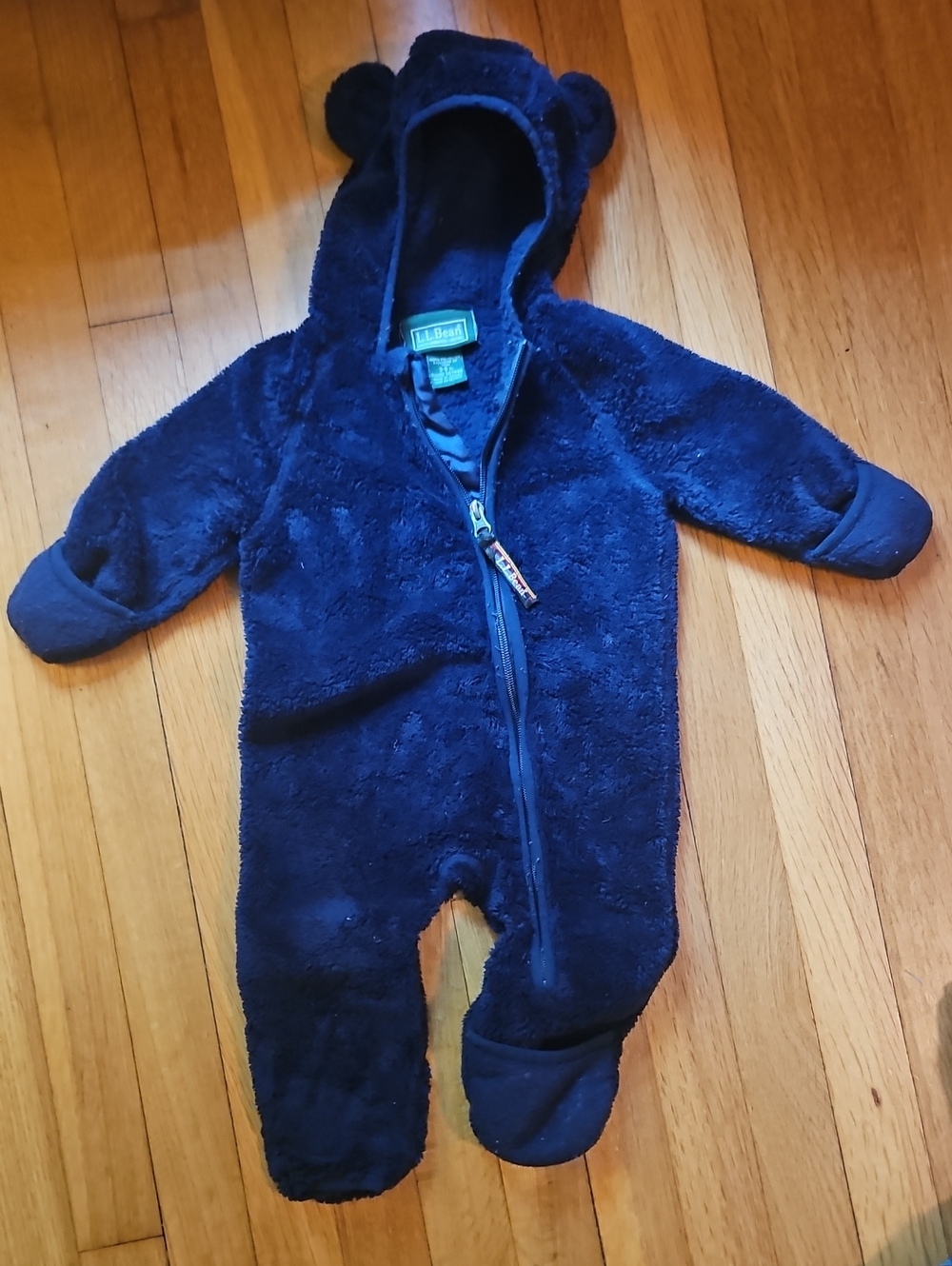 L.L. Bean Navy Plush Hooded Baby One-Piece Footie
